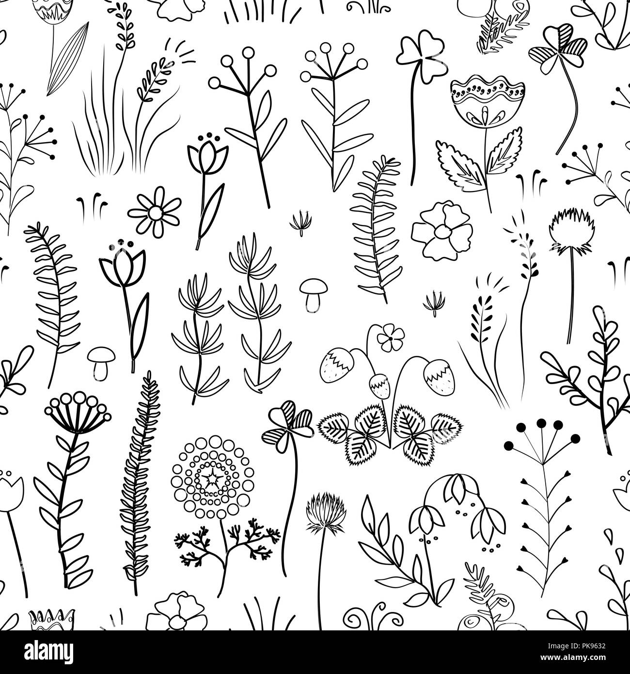 Floral seamless pattern. Vintage con background diversi doodle piante e fiori. Illustrazione Vettoriale