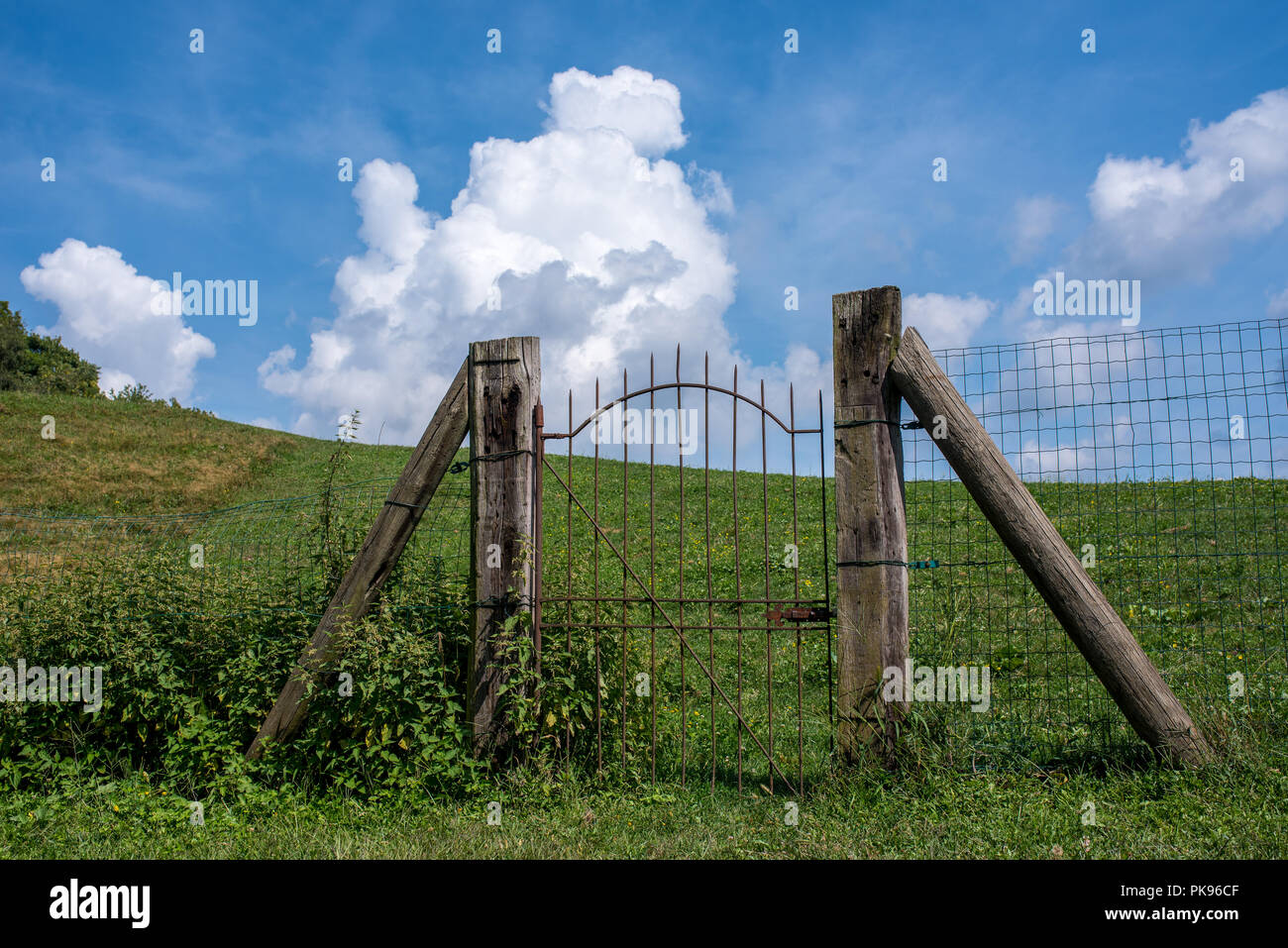 Cancello di ferro della recinzione rustica su un prato verde, porta del cielo sulla cima di una collina Foto Stock