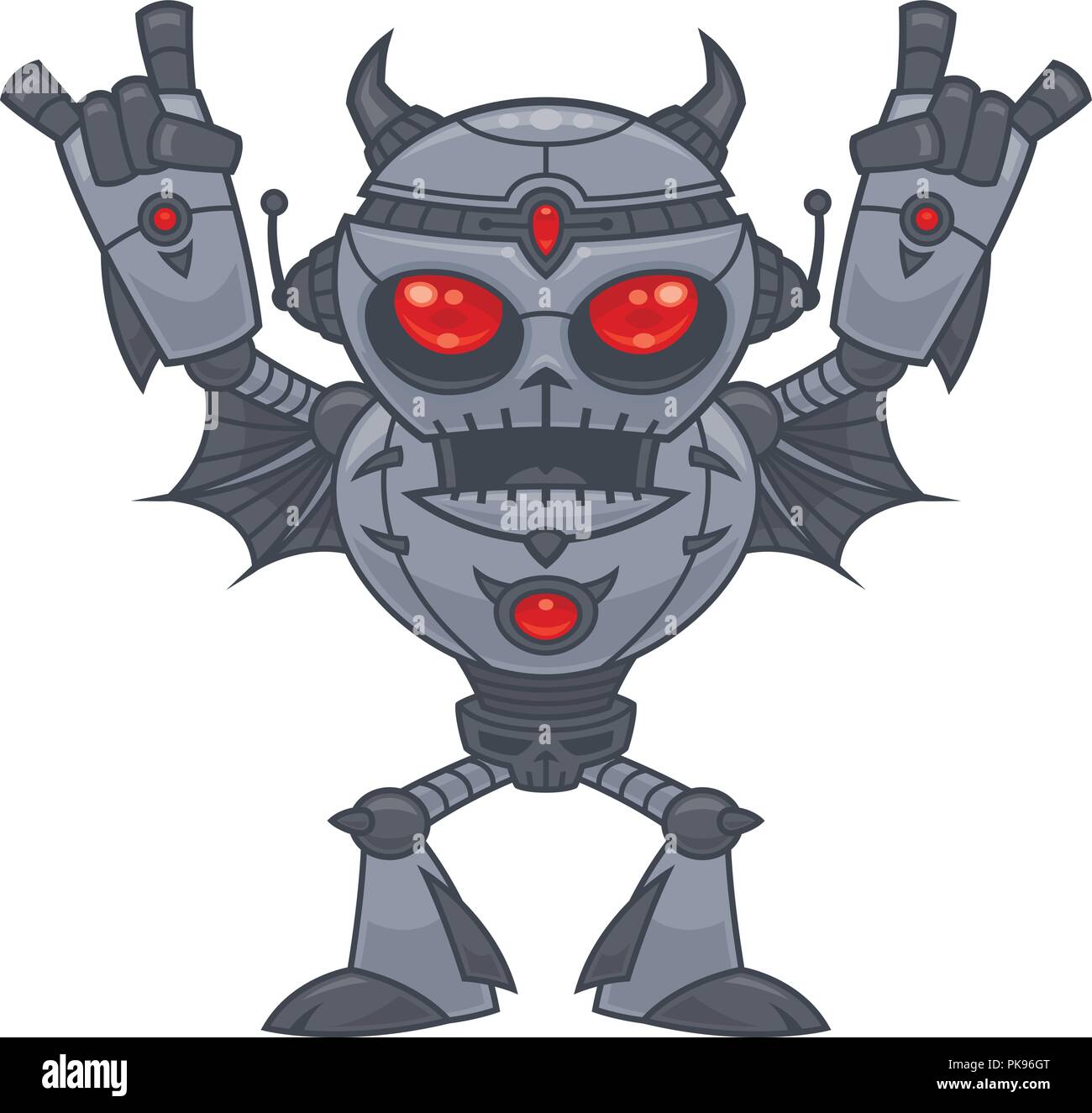 Metalhead - Heavy Metal Robot. Vector cartoon illustrazione di un rosso eyed heavy metal robot amorevole con il diavolo il clacson gesti con le mani. Illustrazione Vettoriale