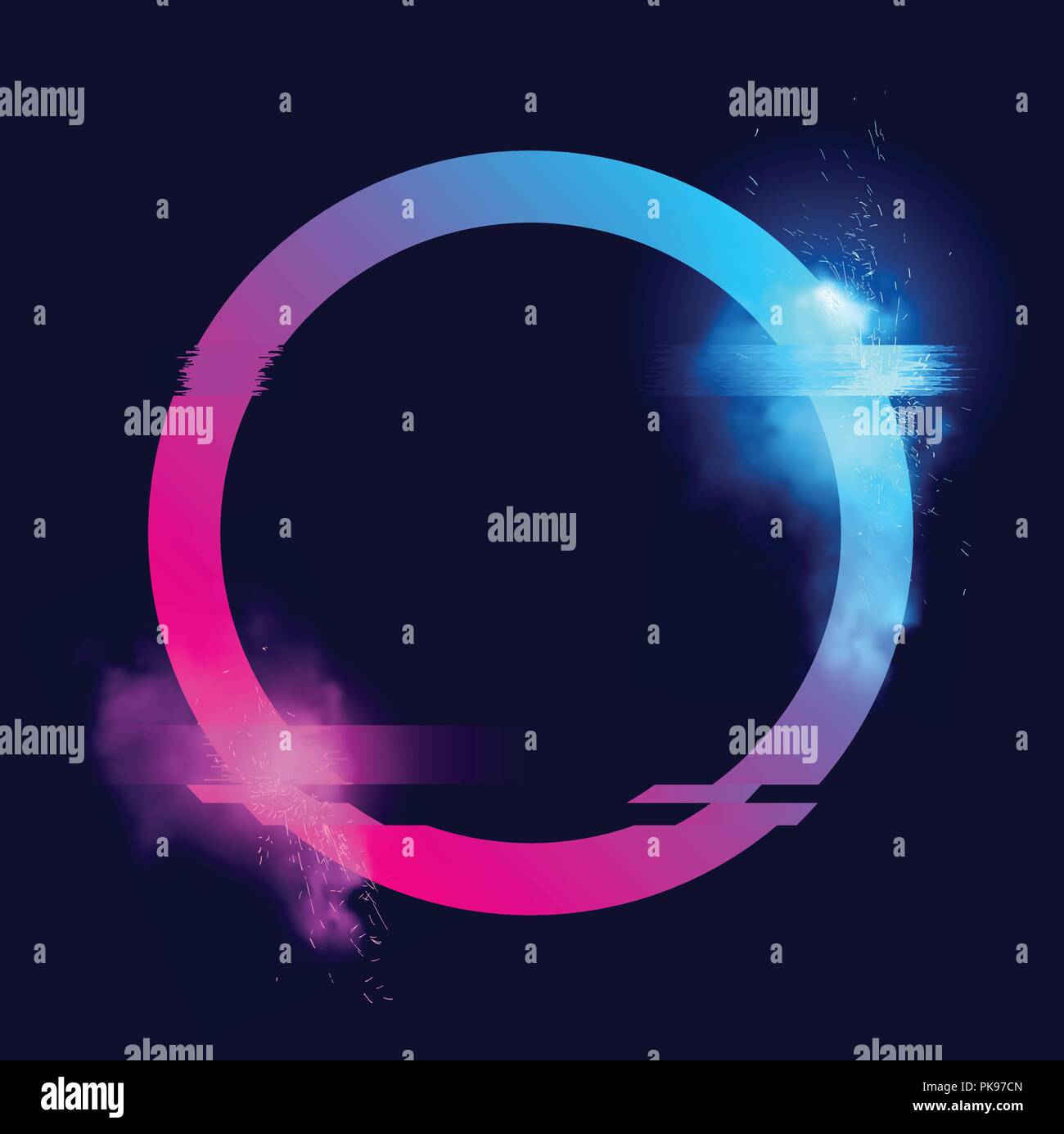 Un cerchio illuminato loop con scintille, fumo e un glitch effetti. Glitch tech avveniristico illustrazione vettoriale design. Illustrazione Vettoriale