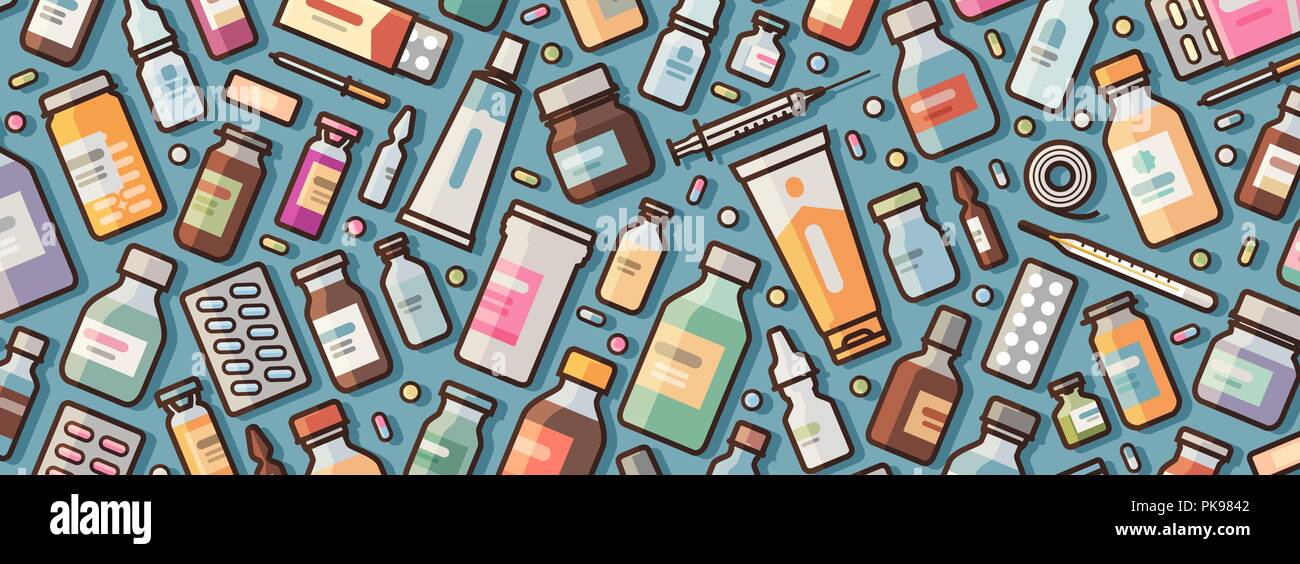 Medicina e Farmacia banner. Farmaci e pillole sfondo. Illustrazione Vettoriale Illustrazione Vettoriale