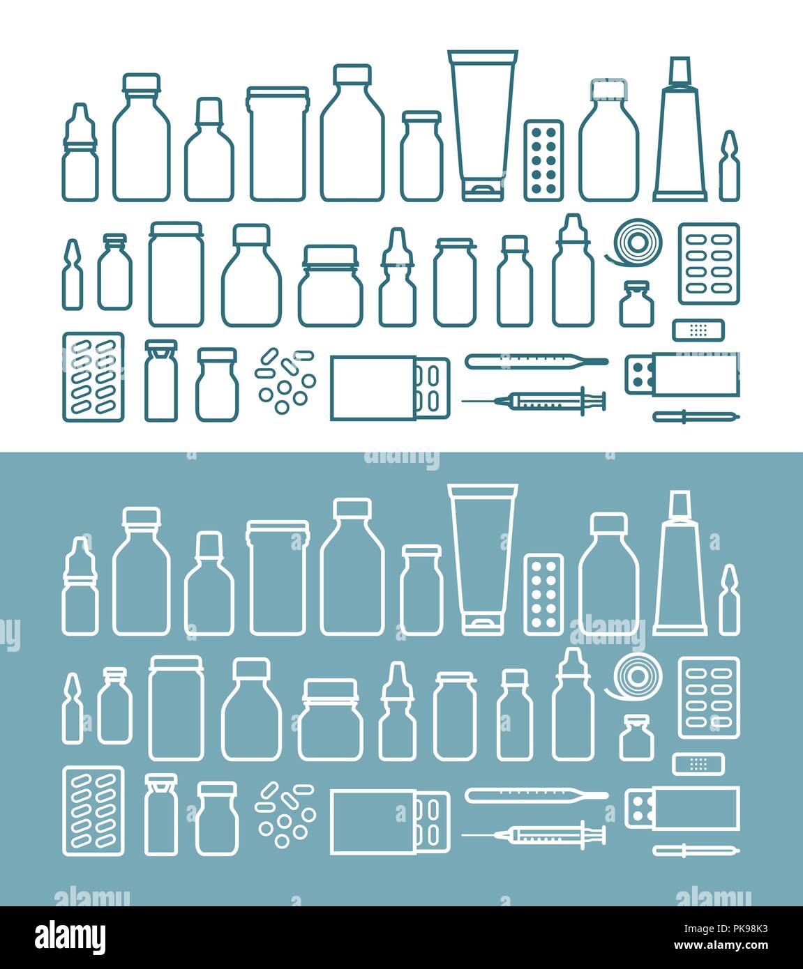 Farmaci e pillole icon set. Medicina, concetto dell'ospedale. Illustrazione Vettoriale Illustrazione Vettoriale