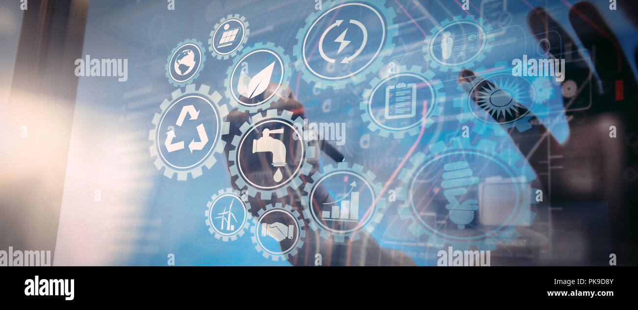 Lo sviluppo sostenibile con le icone di fonti rinnovabili di energia e risorse naturali conservazione con la tutela dell'ambiente interno connesso marce.businessm Foto Stock
