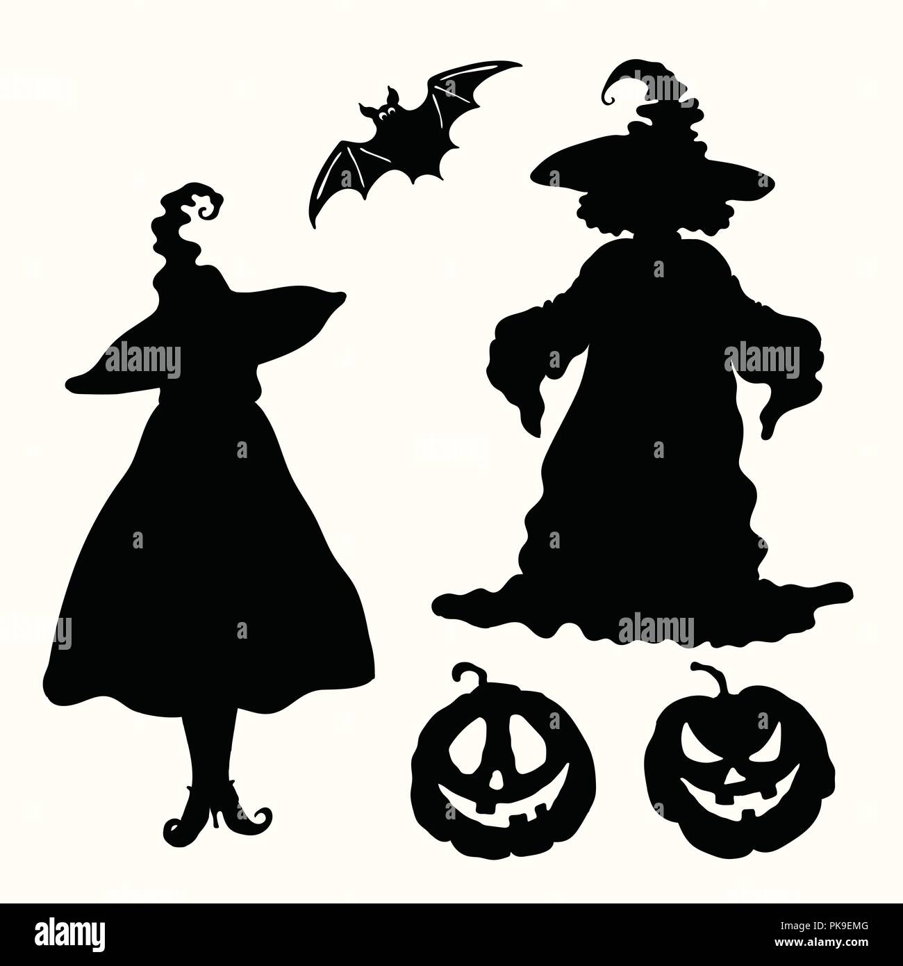 Due silhouette nera streghe nella magia cappelli, carving faccia lanterne di zucca e bat isolato su uno sfondo bianco. Il taglio laser modello Illustrazione Vettoriale