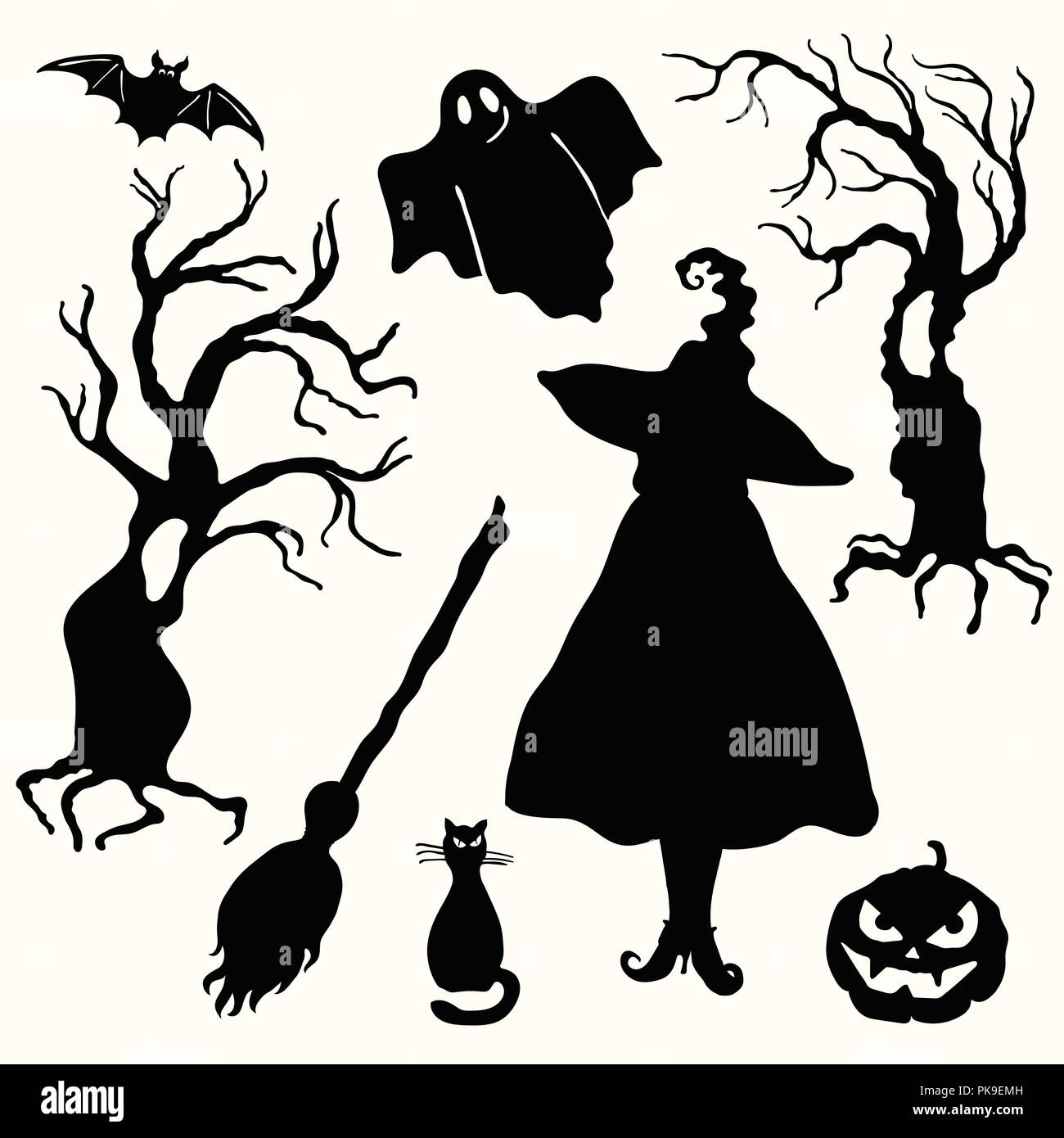 Silhouette nera strega in magic cappelli, carving faccia zucca lanterna, ghost, alberi, cat, ginestra e bat isolato su uno sfondo bianco. Cutti laser Illustrazione Vettoriale