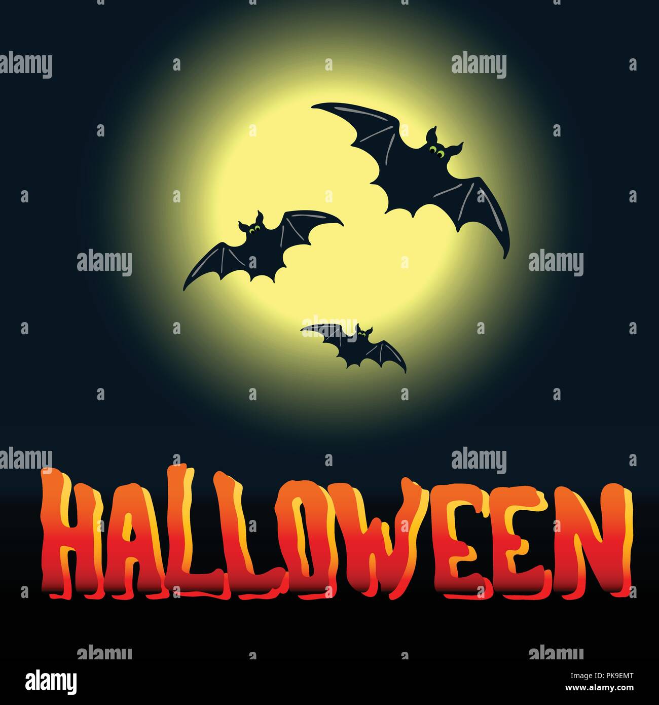 Stile Cartoon vector Halloween flyer design con battenti pipistrelli e luna piena su sfondo di mezzanotte Illustrazione Vettoriale