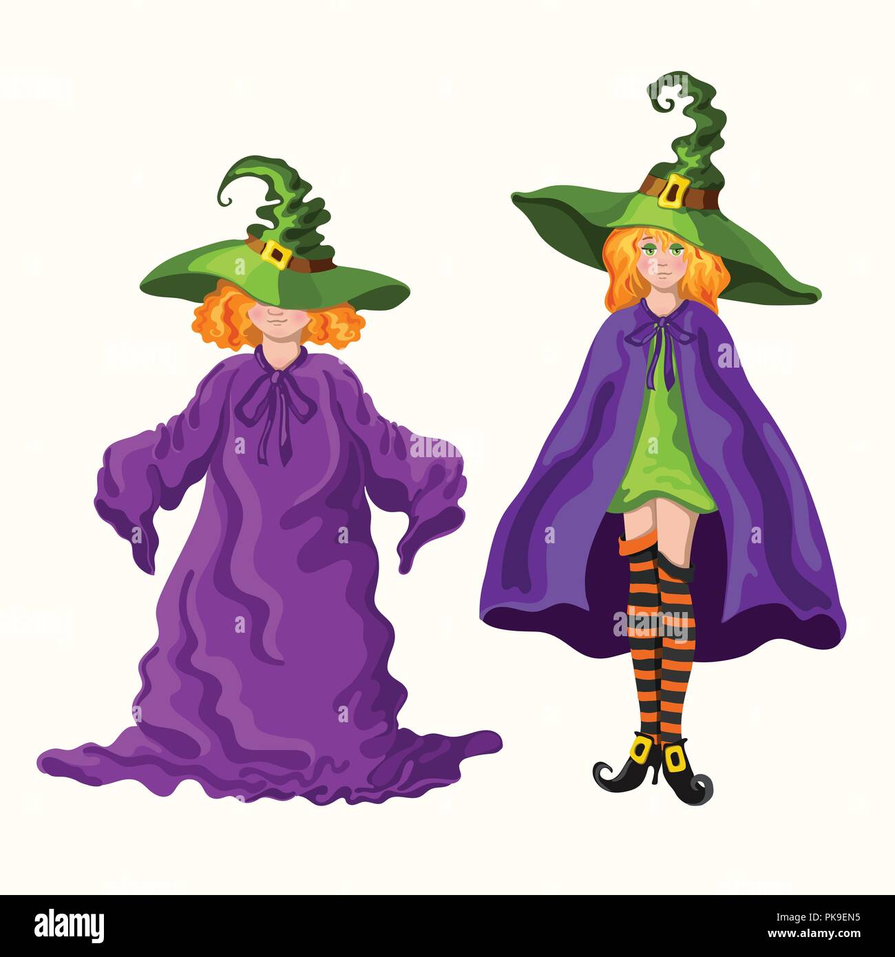 Due redhead stile cartoon giovani streghe nella magia cappelli isolati su sfondo bianco Illustrazione Vettoriale