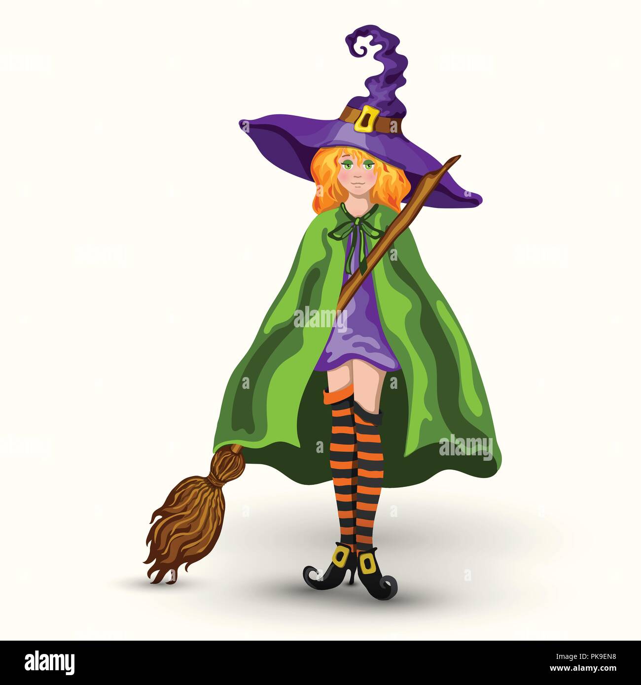 Redhead stile cartoon giovane strega nella magia viola con cappello di ginestra isolati su sfondo bianco Illustrazione Vettoriale