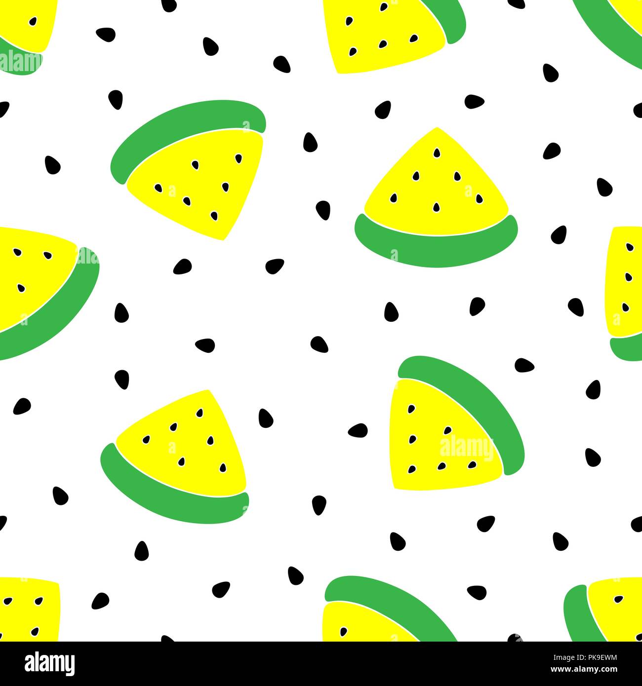 Giallo senza soluzione di continuità i cocomeri di pattern. Sfondo vettoriale fette di anguria con semi di anguria. Illustrazione Vettoriale