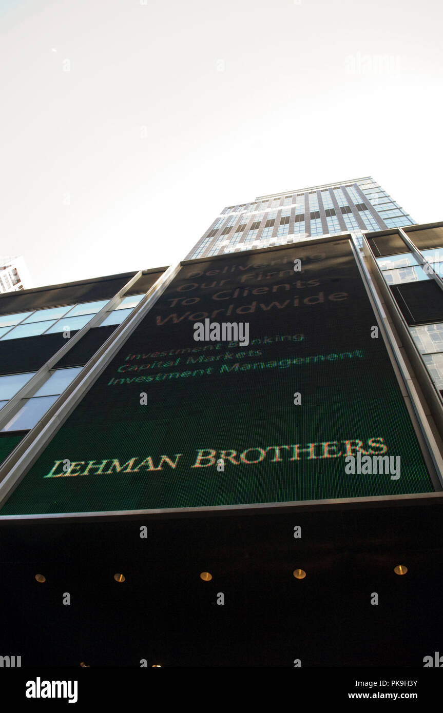 Lehman Brothers sede centrale globale a New York lunedì 15 settembre, 2008. Lehman ha presentato istanza di fallimento di protezione e rappresenta una delle più grandi banche di investimento a collassare dal 1990 il fallimento di Drexel Burnham Lambert durante la junk bond crisi. (© Francesca M. Roberts) Foto Stock