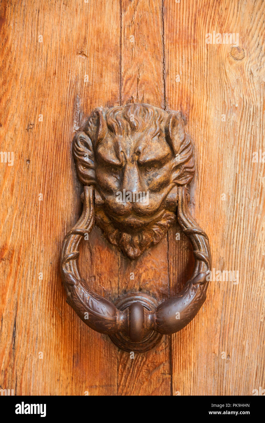 Porta vecchia battaglio in forma di leone su una porta di legno Foto Stock