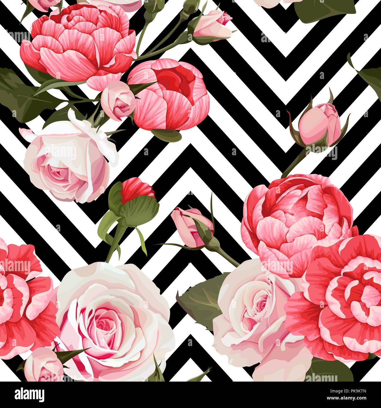 Peonie e rose vector seamless pattern texture floreali su un bianco e nero sfondo chevron Illustrazione Vettoriale