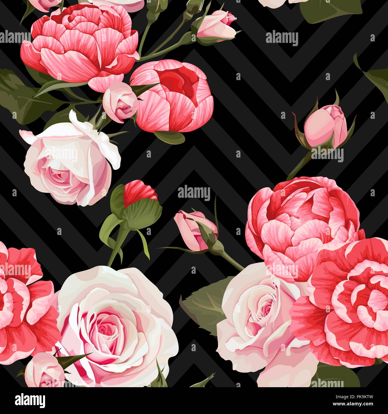 Peonie e rose vector seamless pattern texture floreali al buio su un sfondo chevron Illustrazione Vettoriale