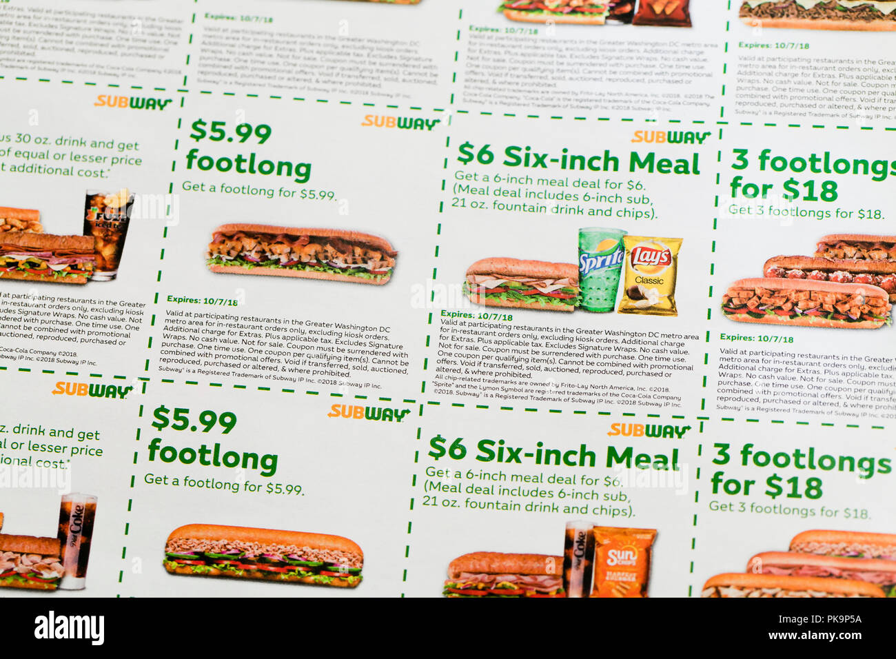 La metropolitana di coupon a sandwich (fast food coupon) - USA Foto Stock