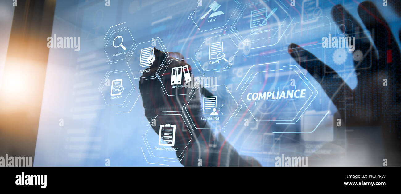 Conformità schema virtuale di regolamenti, leggi, norme, esigenze e audit.co team di lavoro riunione concetto,imprenditore utilizzando smart phone Foto Stock