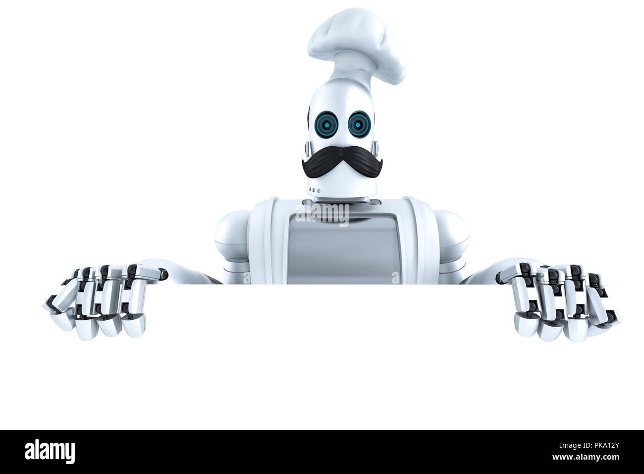 Chef Robot con vuoto scheda vuota. 3D'illustrazione. Isolato. Contiene il percorso di clipping Foto Stock