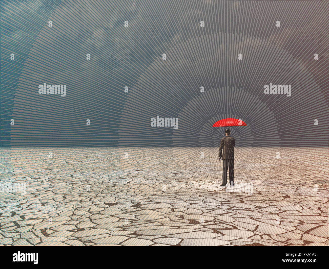 Surreale arte digitale. Uomo con ombrello rosso in terra asciutta sotto la raccolta di tempesta. Foto Stock
