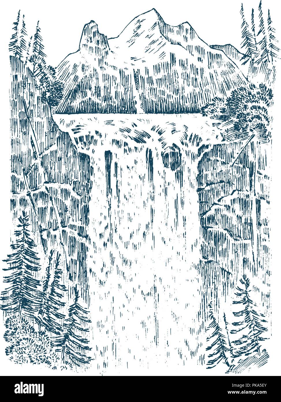 Cascata sullo sfondo delle montagne. Paesaggio di natura nella foresta.  Incisi disegnati a mano nel vecchio disegno e in bianco e nero in stile  vintage. Cartolina di viaggio Immagine e Vettoriale -