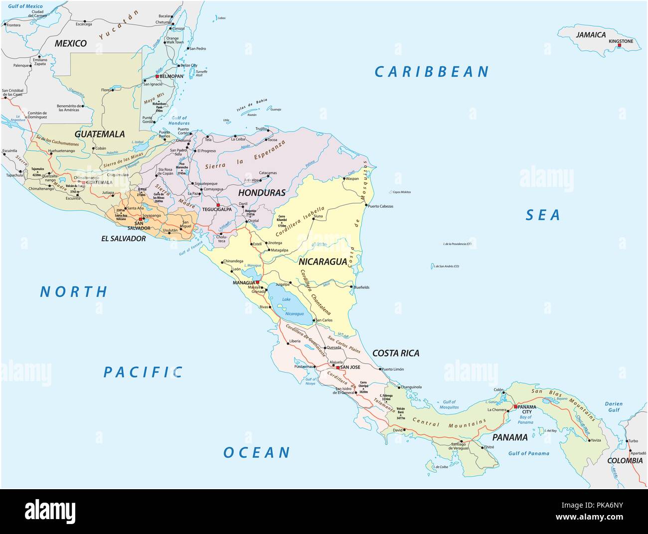 Vettore mappa stradale degli stati dell America centrale. Illustrazione Vettoriale