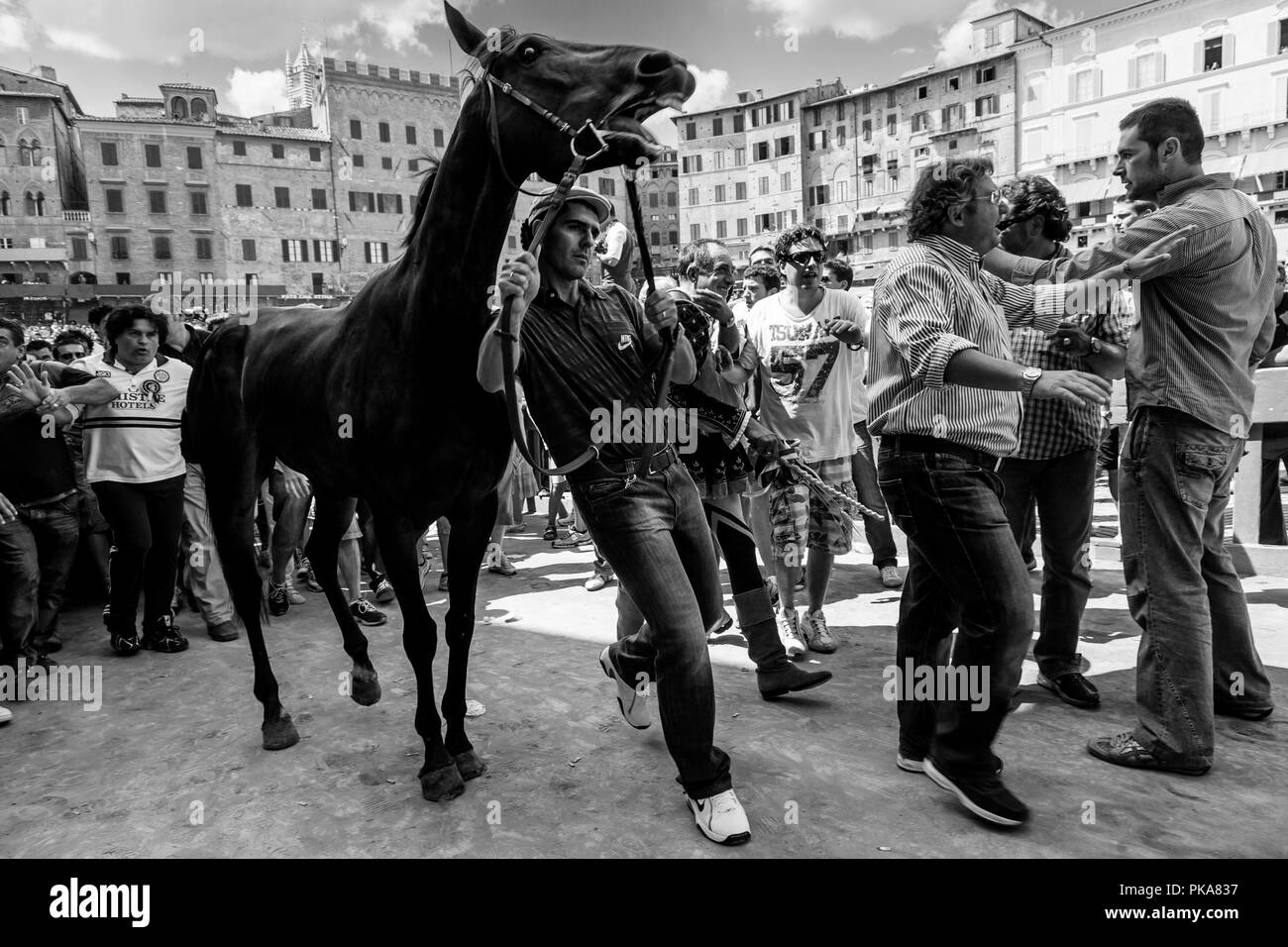 I membri della Tartuca Contrada lasciano la piazza con il loro cavallo dopo la cerimonia "l'assegnazione dei cavalli", Palio di Siena, Siena, Italia. Foto Stock