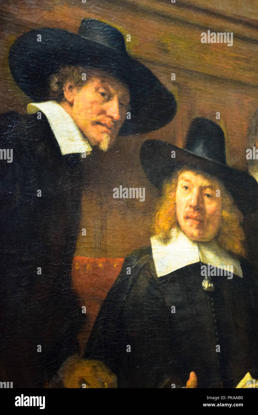 Dettagli del capolavoro 'Syndics di trasportatori' Guild" da Rembrandt van Rijn dal Rijksmuseum di Amsterdam, Paesi Bassi Foto Stock