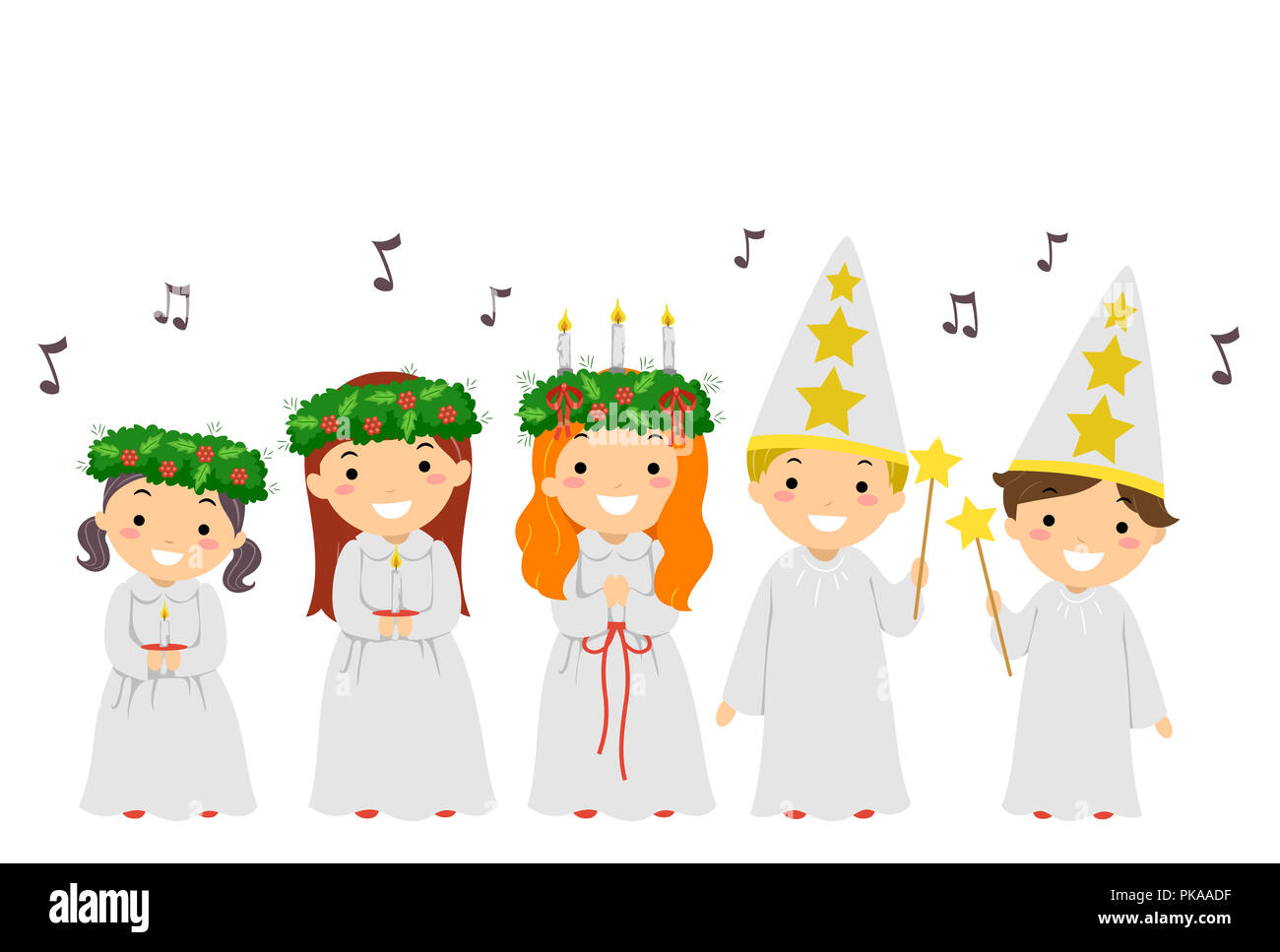 Illustrazione di Stickman Kids cantando canzoni natalizie, durante la Festa di Santa Lucia Foto Stock