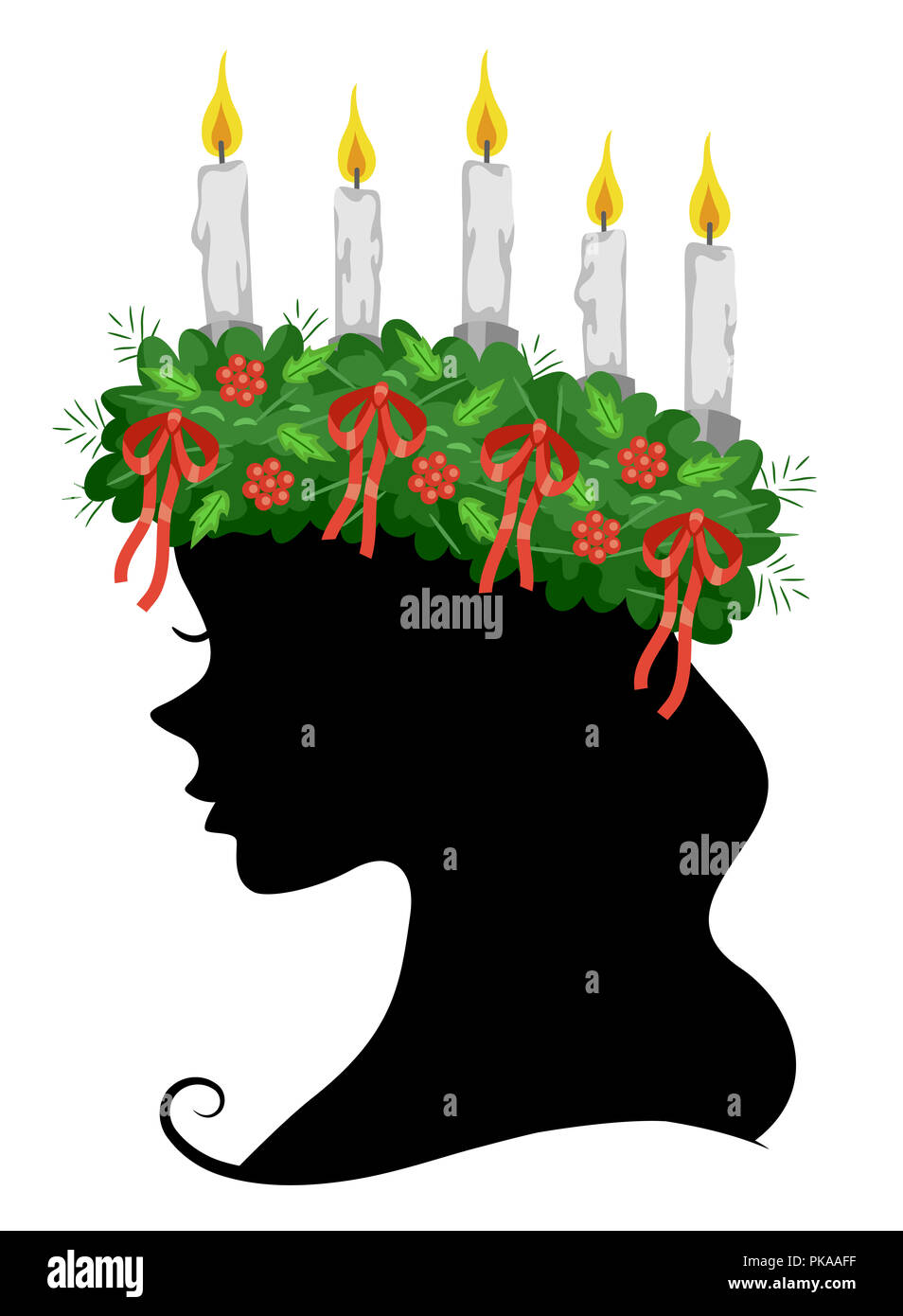 Illustrazione di una ragazza Silhouette indossando un Saint Lucia Crown per la Saint Lucia festa Foto Stock