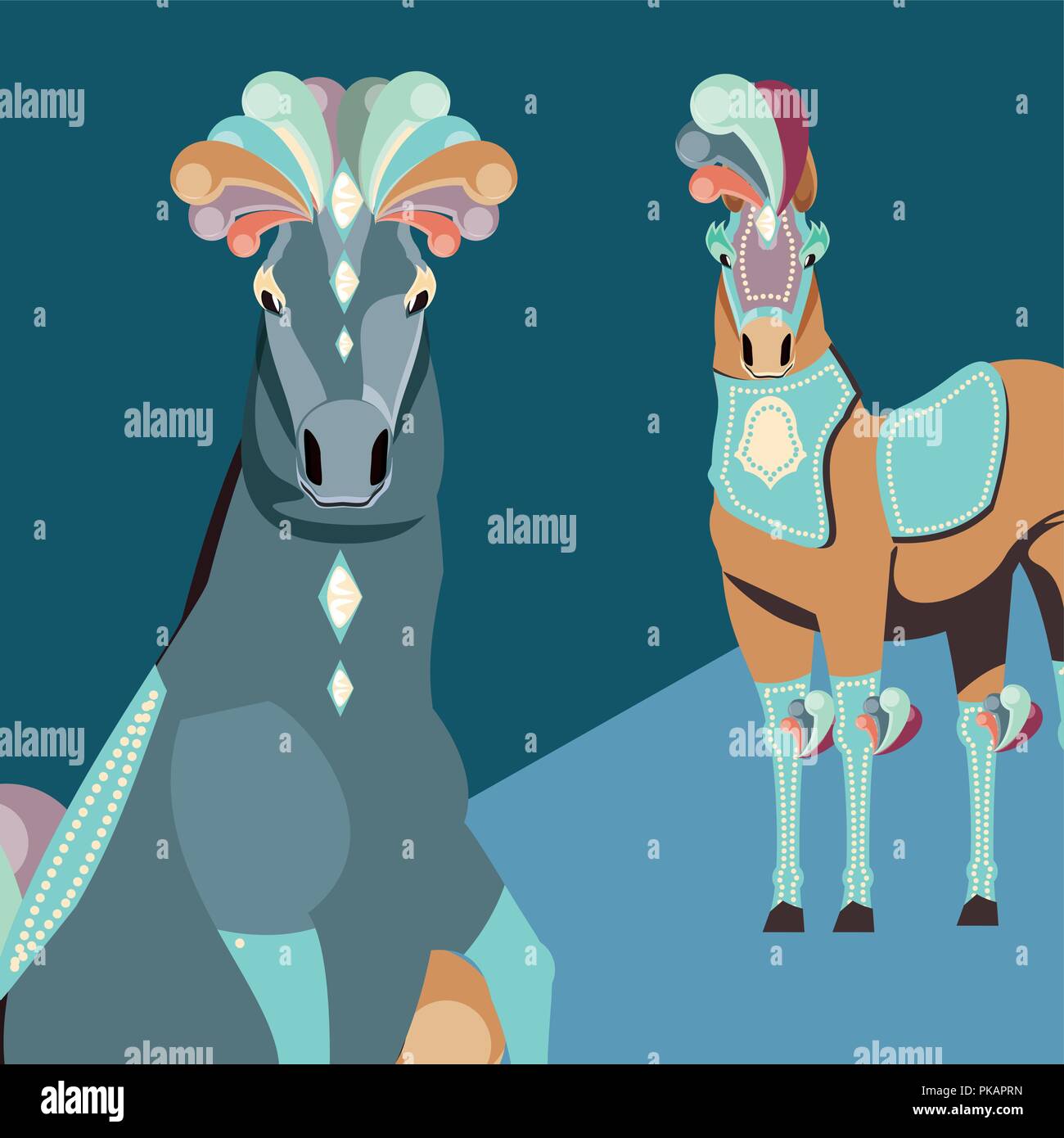 Due eleganti cavalli il carnevale degli animali di circo illustrazione vettoriale Illustrazione Vettoriale