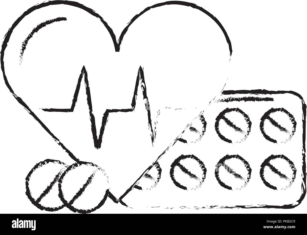 Heartbeat mediche e medicine pillole illustrazione vettoriale disegno a mano Illustrazione Vettoriale