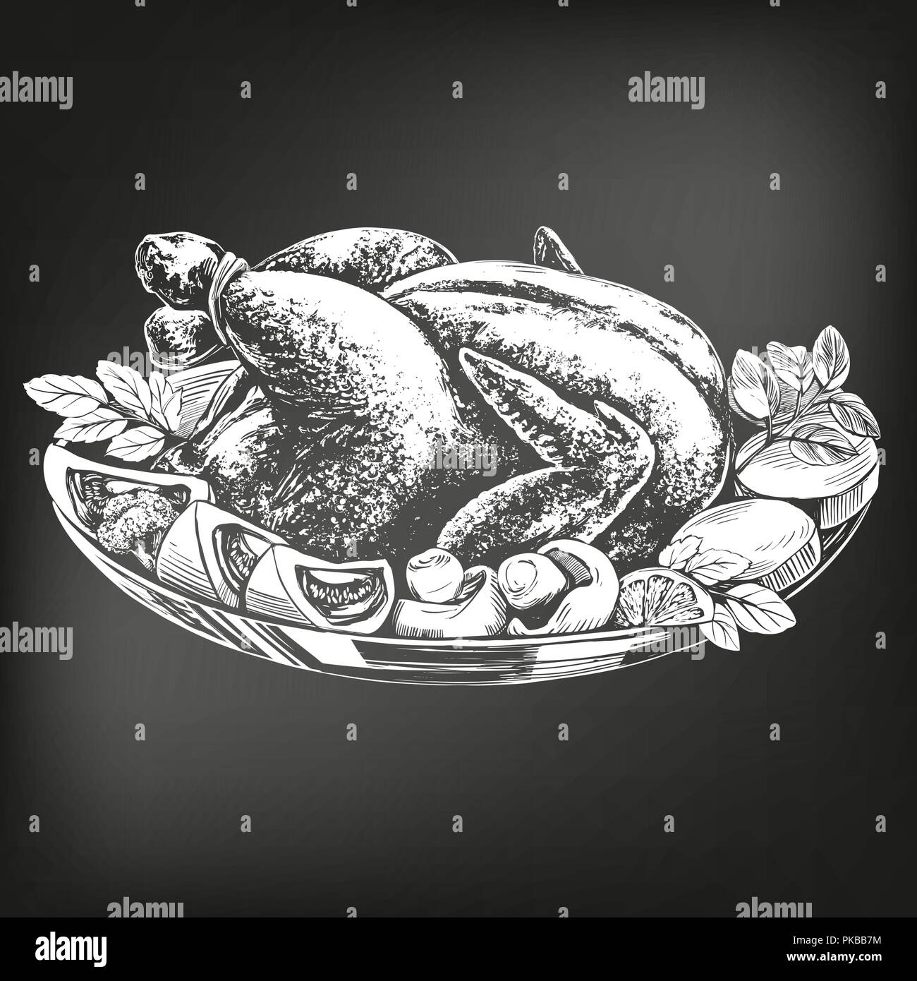 Arrosto di pollo, di tacchino,con ingredienti disegnati a mano illustrazione vettoriale sketch. menu Chalk. uno stile rétro Illustrazione Vettoriale