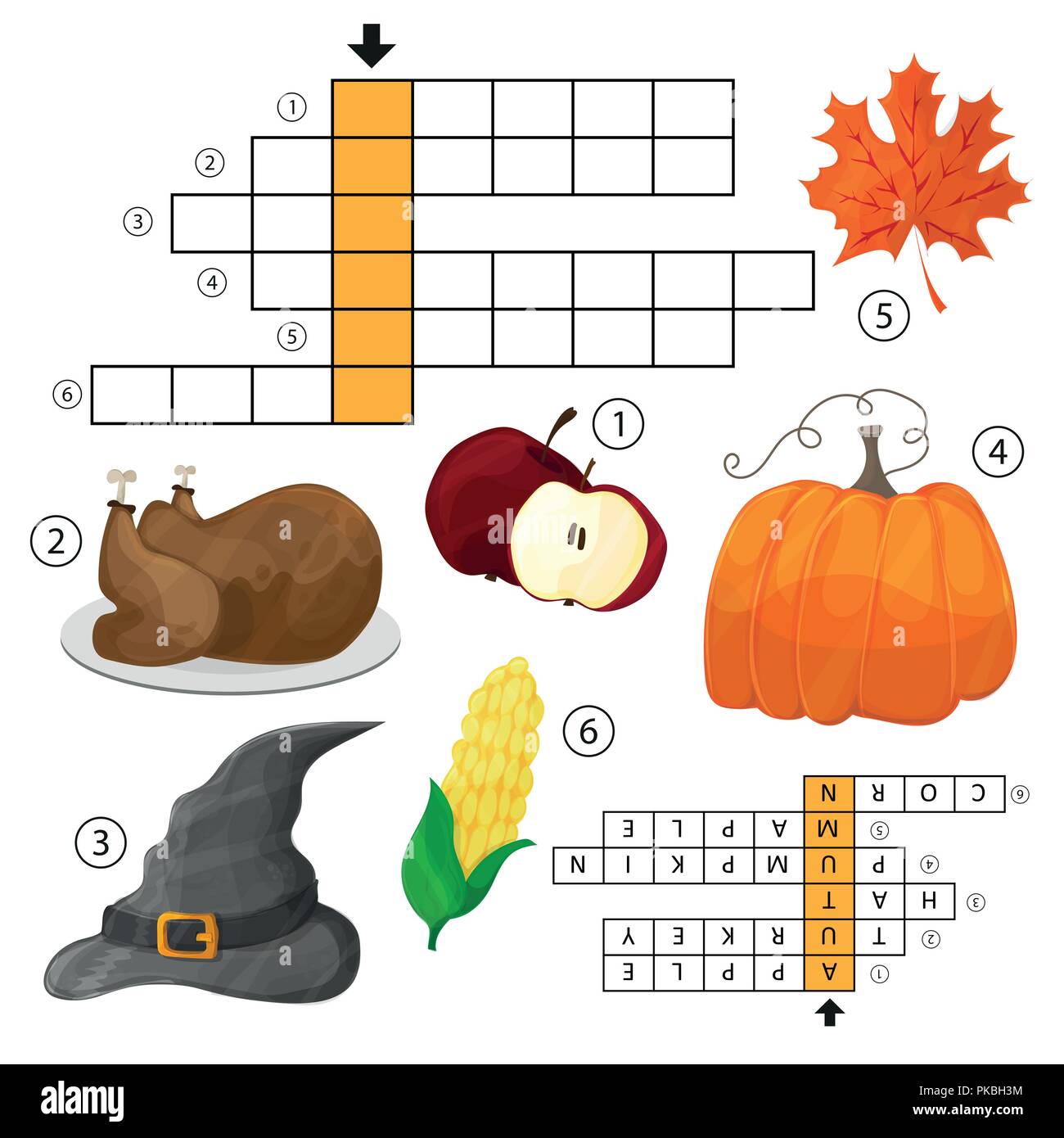 Impara Inglese con un autunno crossword gioco per bambini. Illustrazione Vettoriale Illustrazione Vettoriale