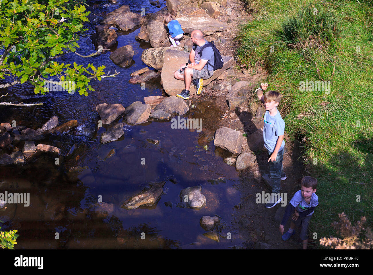 La famiglia gioca sulla Eller beck Darnholme Lane sulla North Yorkshire Moors vicino a Goathland Foto Stock