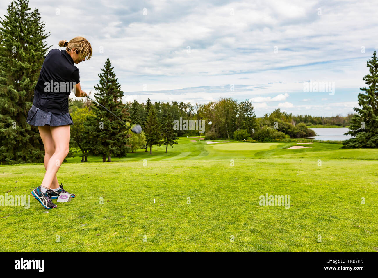 Un giocatore di golf femminile abilmente alla guida di una pallina da golf all'erba verde di un campo da golf con la palla a metà aria; Edmonton, Alberta, Canada Foto Stock