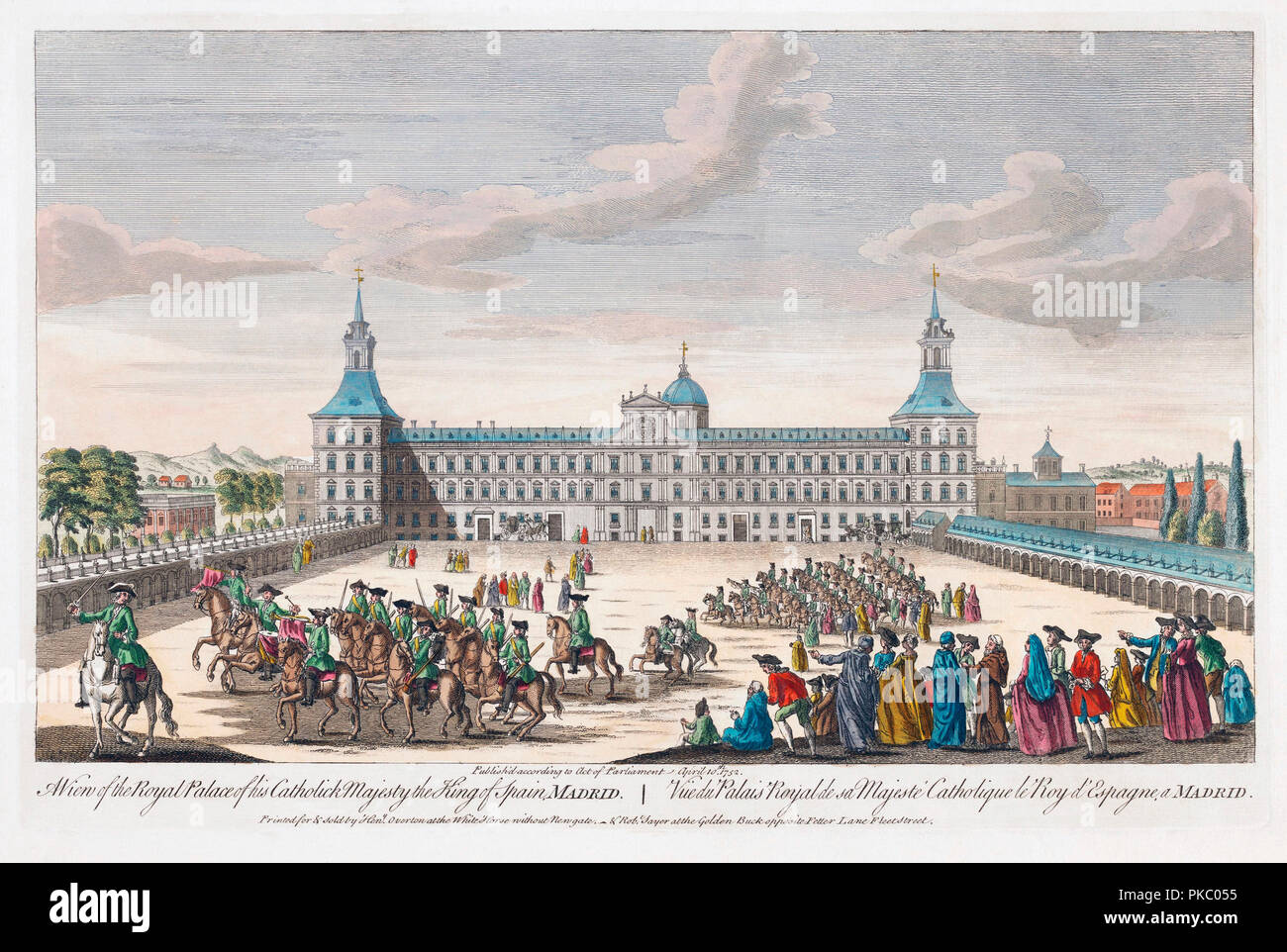 Una vista del palazzo reale di sua maestà Cattolica il Re di Spagna, Madrid. Colorati a mano incisione datata 1752. Foto Stock