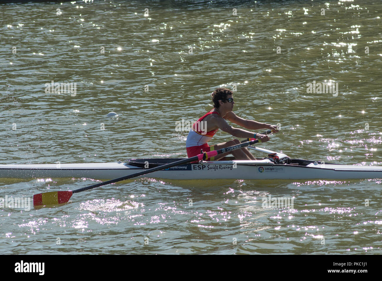 Plovdiv, Bulgaria, Mercoledì, 12 settembre 2018. FISA, mondo campionati di canottaggio, ESP PR2 M1X, Jorge PINEDA MATABENA, all'inizio della sua corsa, © Peter SPURRIER, Credito: Pietro SPURRIER/Alamy Live News Foto Stock