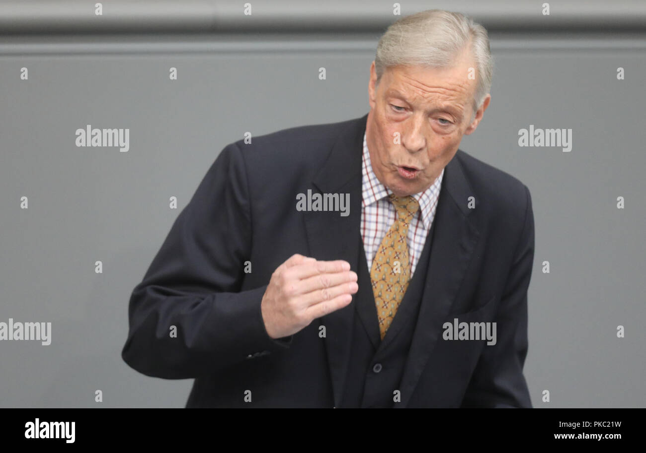 Berlino, Germania. Xii Sep, 2018. Hampel Armin-Paulus (AFD) parla al dibattito generale nel Bundestag tedesco. Il tema principale della 48ma sessione del XIX periodo legislativo è il progetto di bilancio federale 2019 presentato dal governo federale e il governo federale Piano finanziario 2018 a 2022 con il dibattito generale sul bilancio della Cancelleria federale. Foto: Jörg Carstensen/dpa Foto Stock