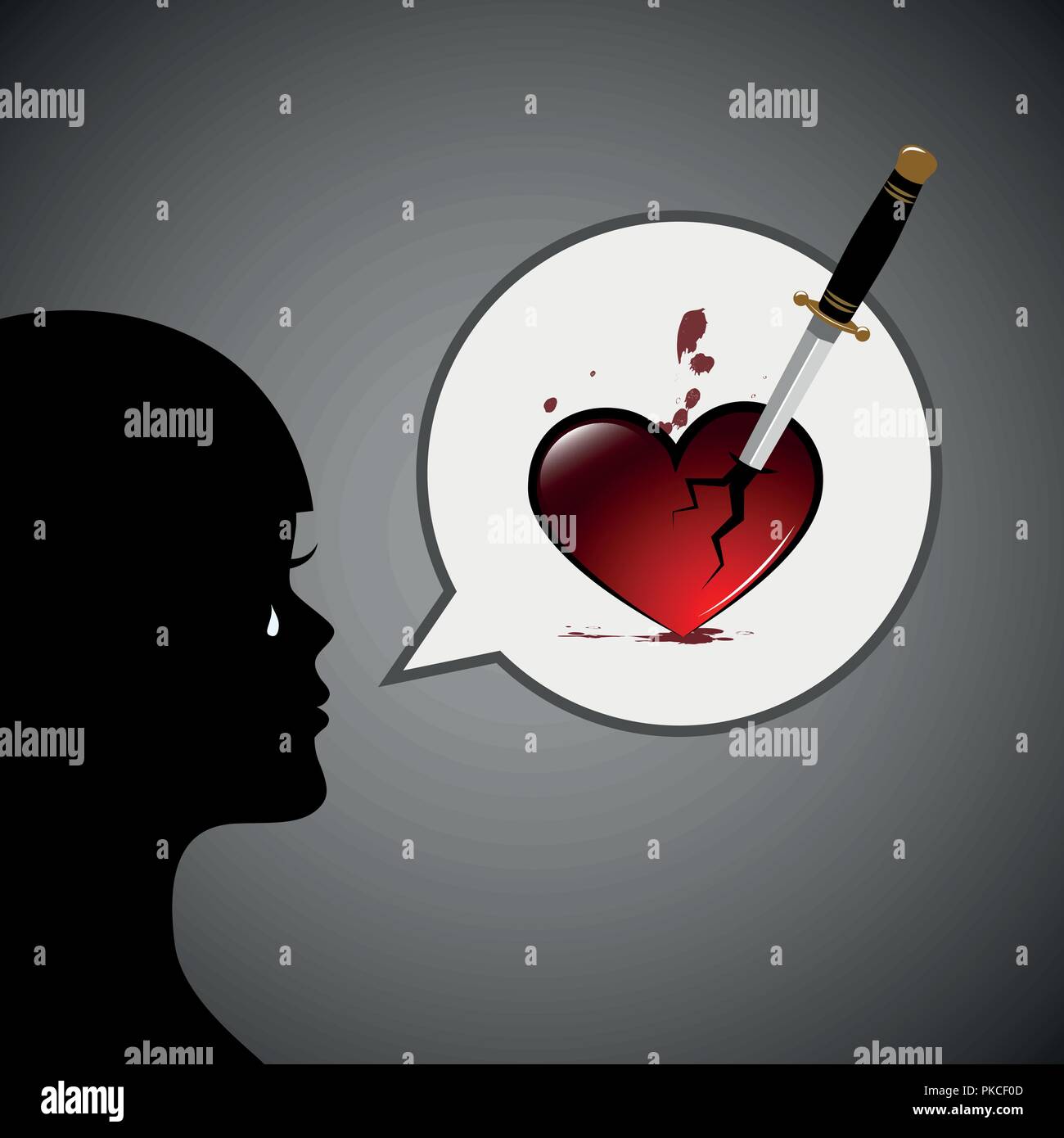 Silhouette di donna parlare di cuore spezzato con il sangue e il pugnale illustrazione vettoriale EPS10 Illustrazione Vettoriale
