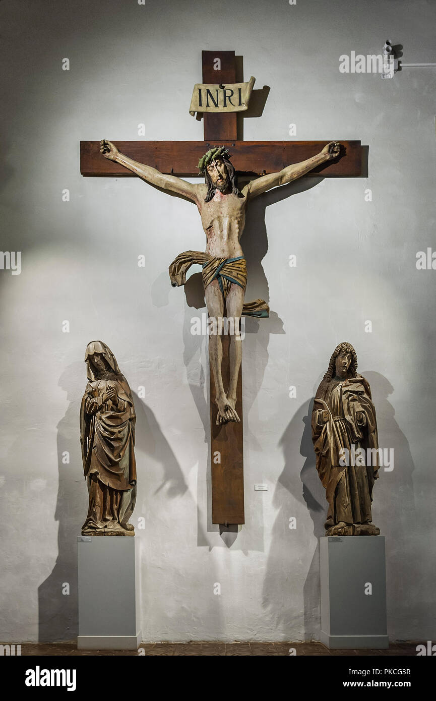 Crocifisso con due santi, svevi intorno al 1500, il Museo Nazionale di Monaco di Baviera, Baviera, Baviera, Germania Foto Stock