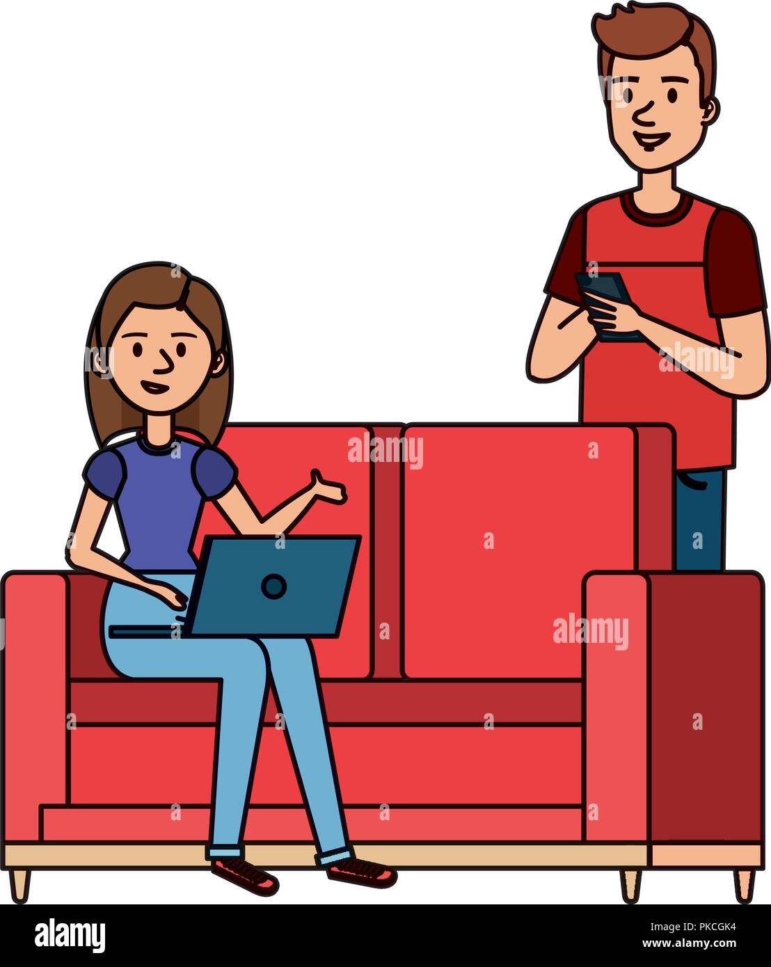 Giovane donna al divano con laptop e compagni Illustrazione Vettoriale