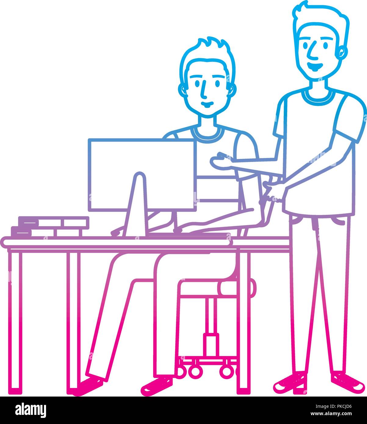 Giovane uomo alla scrivania con computer e compagni Illustrazione Vettoriale