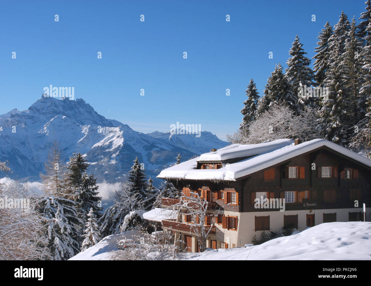 Cottage di legno nella stagione invernale, Svizzera, Villars-sur-Ollon Foto Stock
