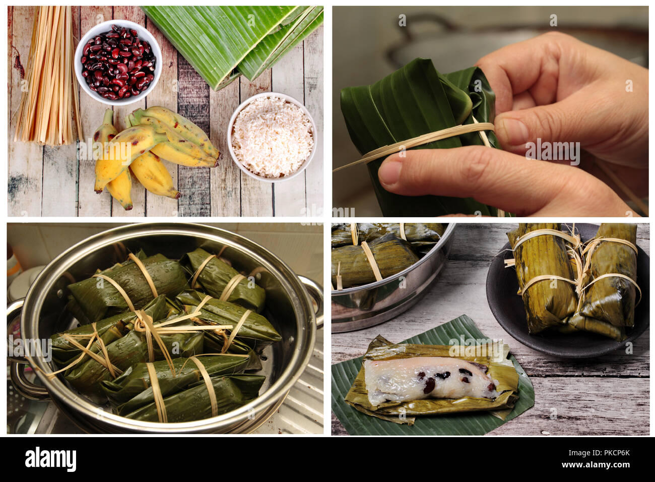 La cucina casalinga, in streaming di riso e fagioli neri in banana leaf chiamata Khao Tom Mad in thailandese con cottura in pentola. Foto Stock