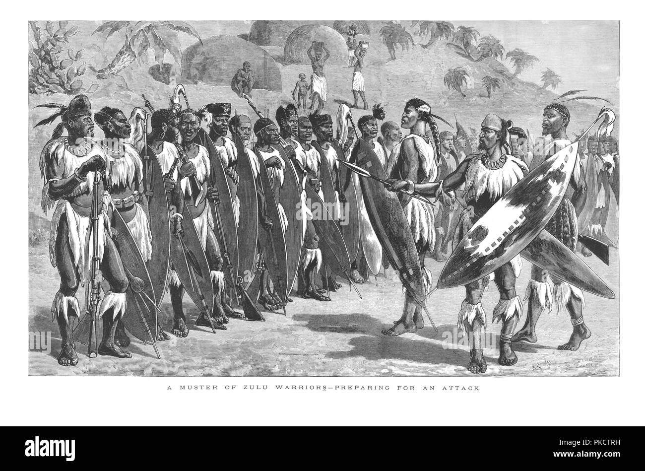"Muster di guerrieri Zulu - Preparazione per un attacco.", 1879. Artista: sconosciuto. Foto Stock