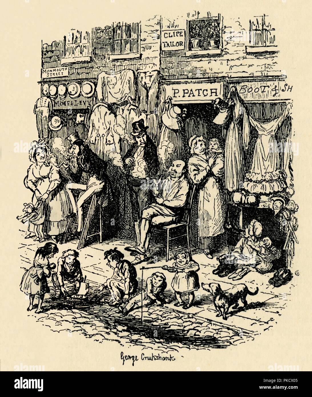 'Monmouth Street, Soho, una illustrazione di G. Cruikshank per Dickens' Schizzi di Boz. ', (1938). Artista: George Cruikshank. Foto Stock