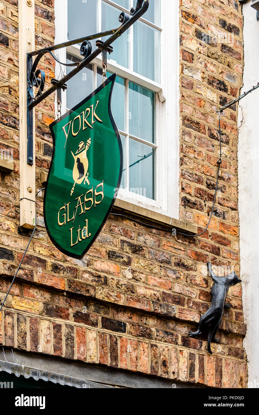 YORK, Regno Unito - 28 agosto 2018: il caos, York's medievale più famosa strada storica architettura a sbalzo con lucky gatto nero Foto Stock