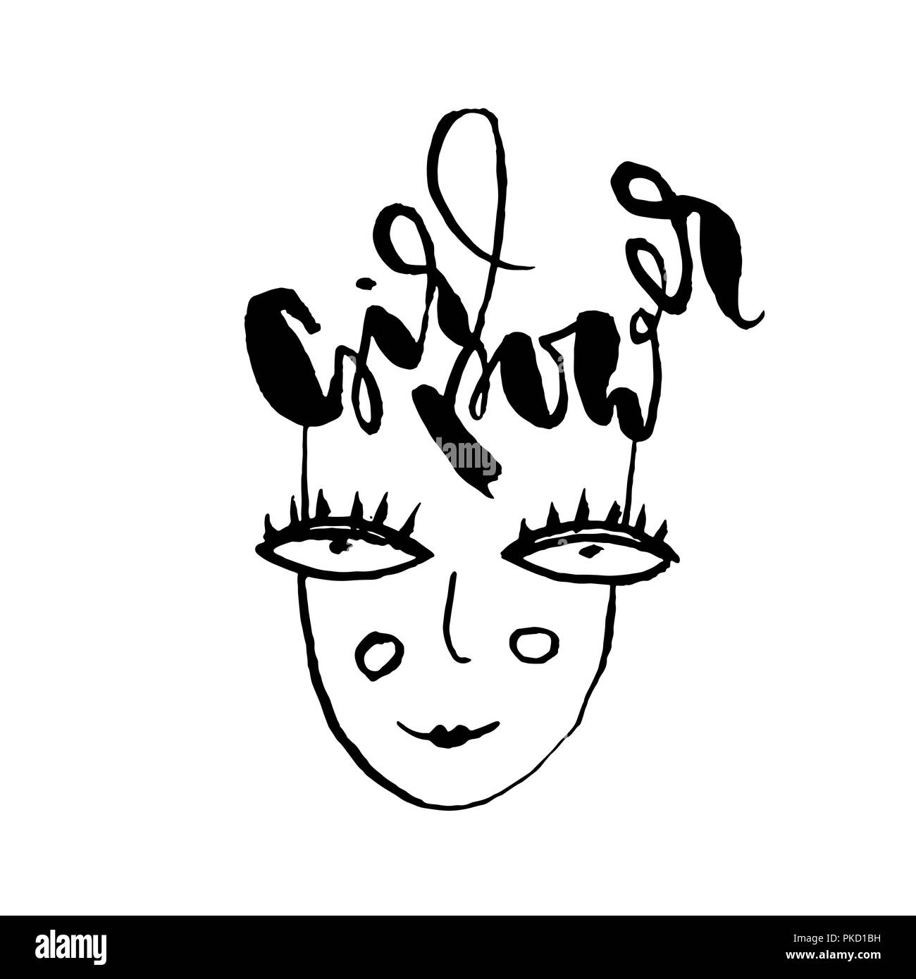 Girl power. Lettering poster con la faccia. Disegnato a mano opera d'arte. Illustrazione Vettoriale. Illustrazione Vettoriale