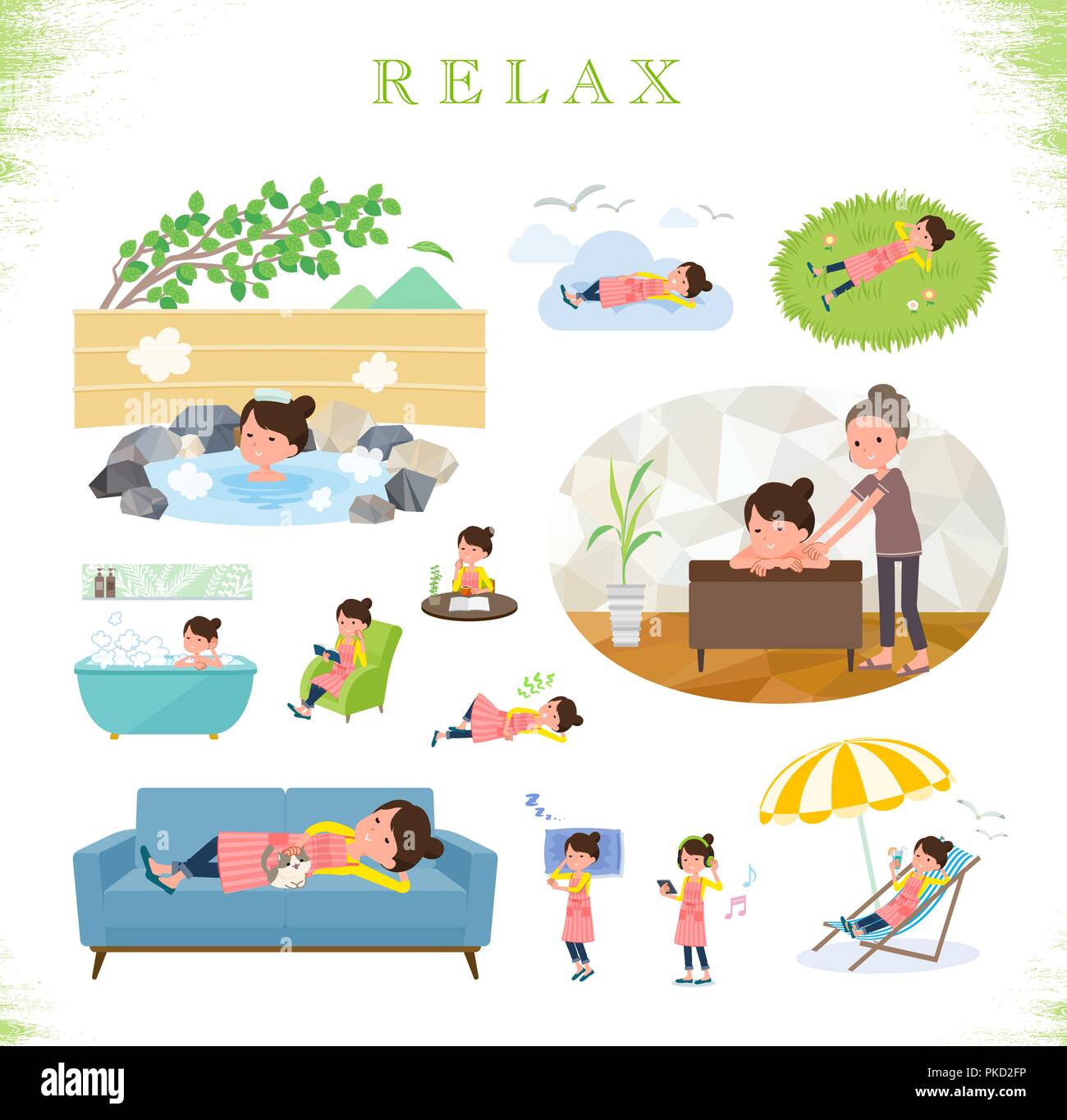 Un set di casalinga circa rilassante.Ci sono azioni come la vacanza e per alleviare lo stress.it vettore dell'arte così è facile da modificare. Illustrazione Vettoriale