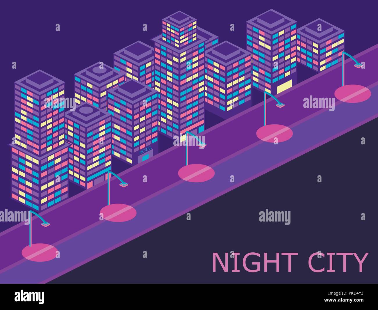 Paesaggio urbano con edifici isometrica lanterne e strada. Colore viola. Illustraion vettore Illustrazione Vettoriale