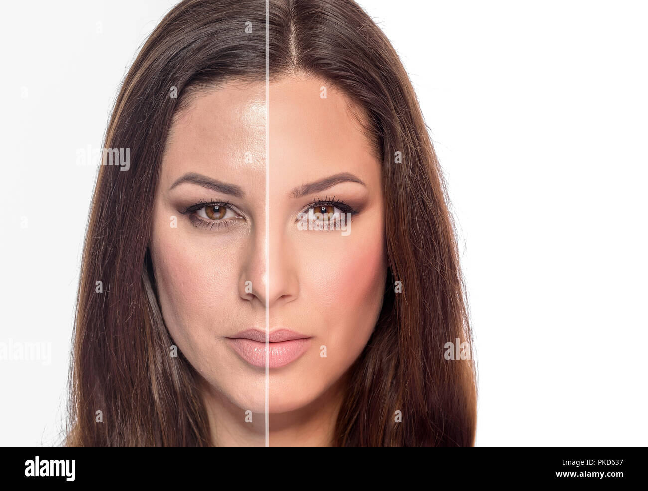 Un ritratto di donna con ritoccate e senza ritocchi è diviso a metà della faccia. Foto Stock