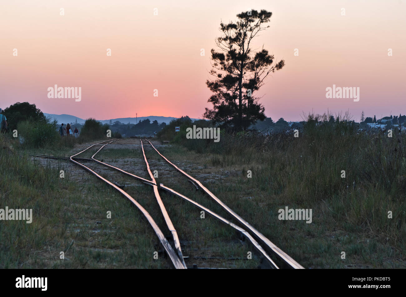 Treno turistico Barril in spiaggia al tramonto Foto Stock